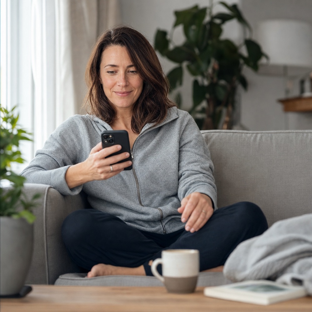 Adult daughter on the sofa, quietly relieved reading her phone