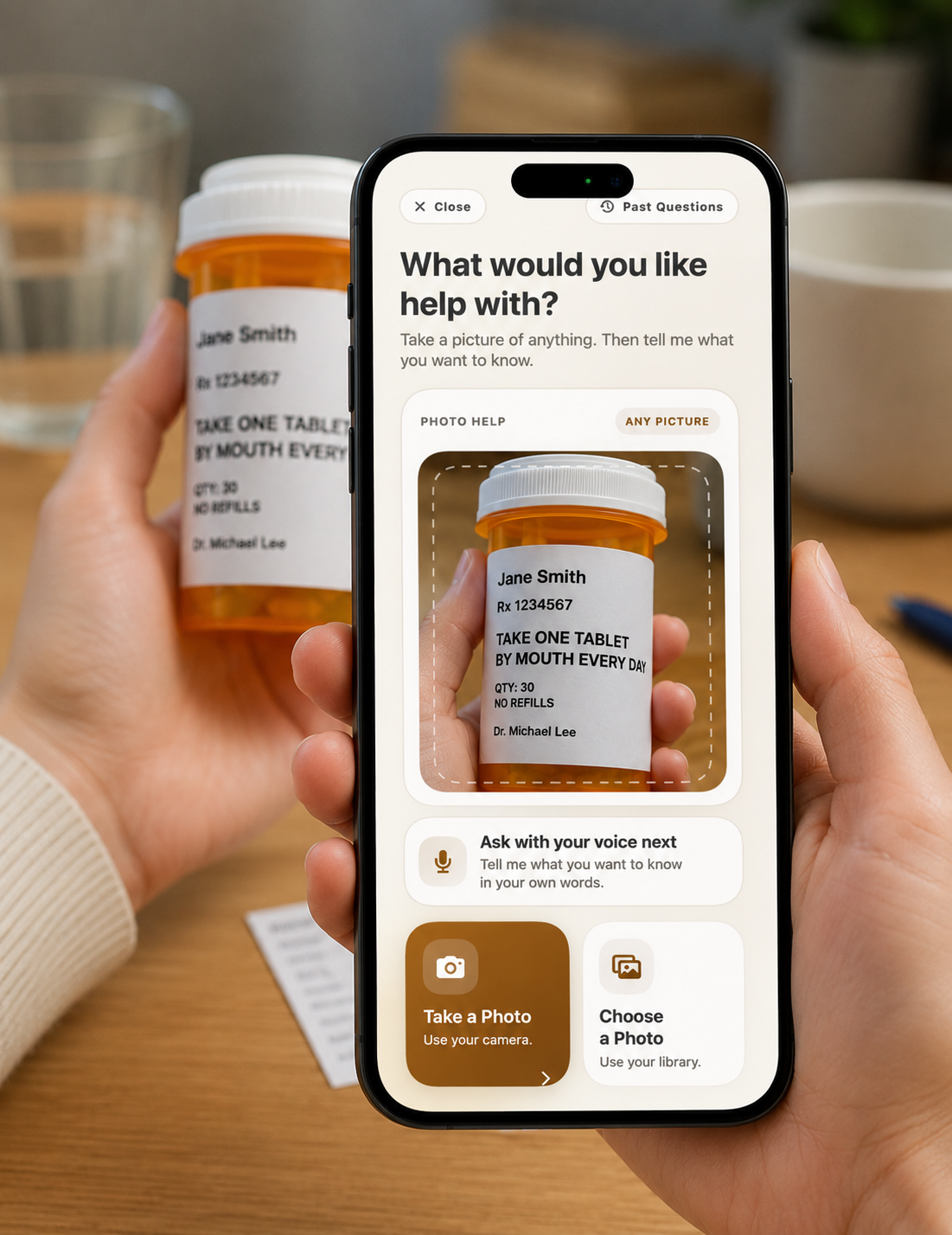 Older hands holding up a phone to photograph a confusing prescription label at the kitchen table