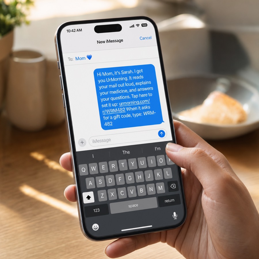 The gift text message being sent to Mom