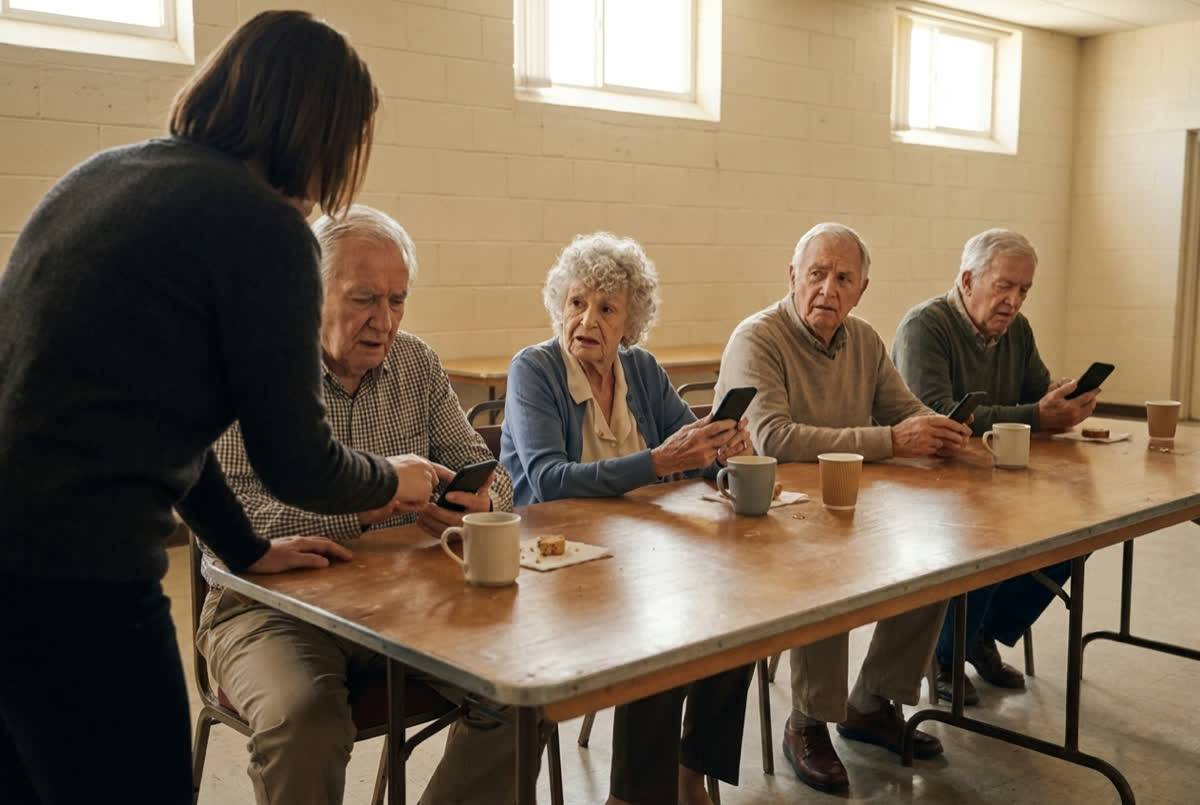 Older adults at a senior center table hold up their phones with questions while an instructor, seen from behind, leans in to help one of them