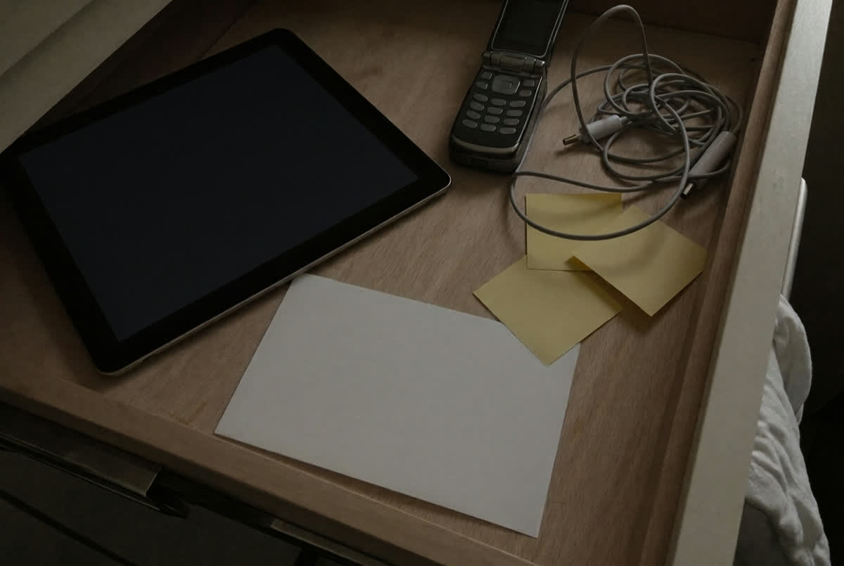An open drawer holding a dark tablet, an old flip phone, a tangled charger cable, blank sticky notes and an unread manual