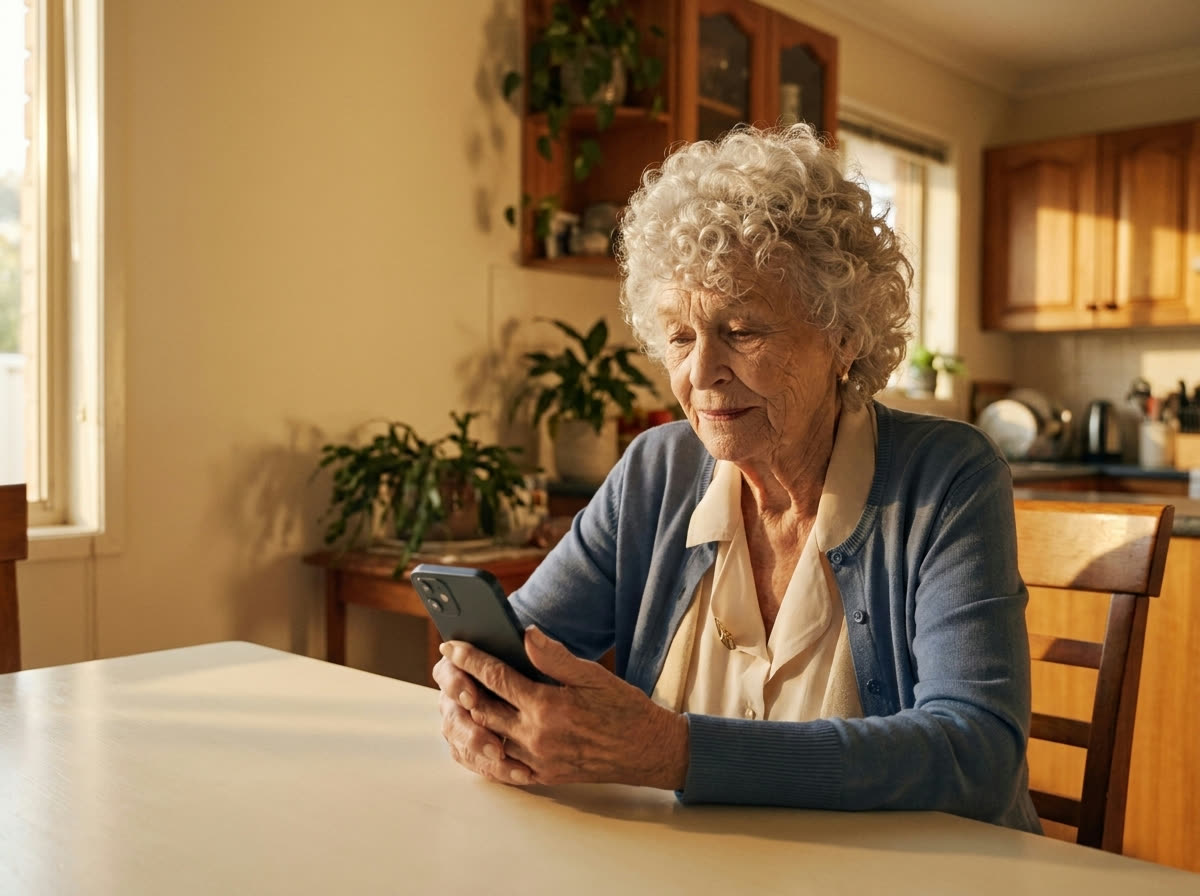An older woman sits at her kitchen table in warm evening light, holding her phone in both hands and looking down at it, unsure