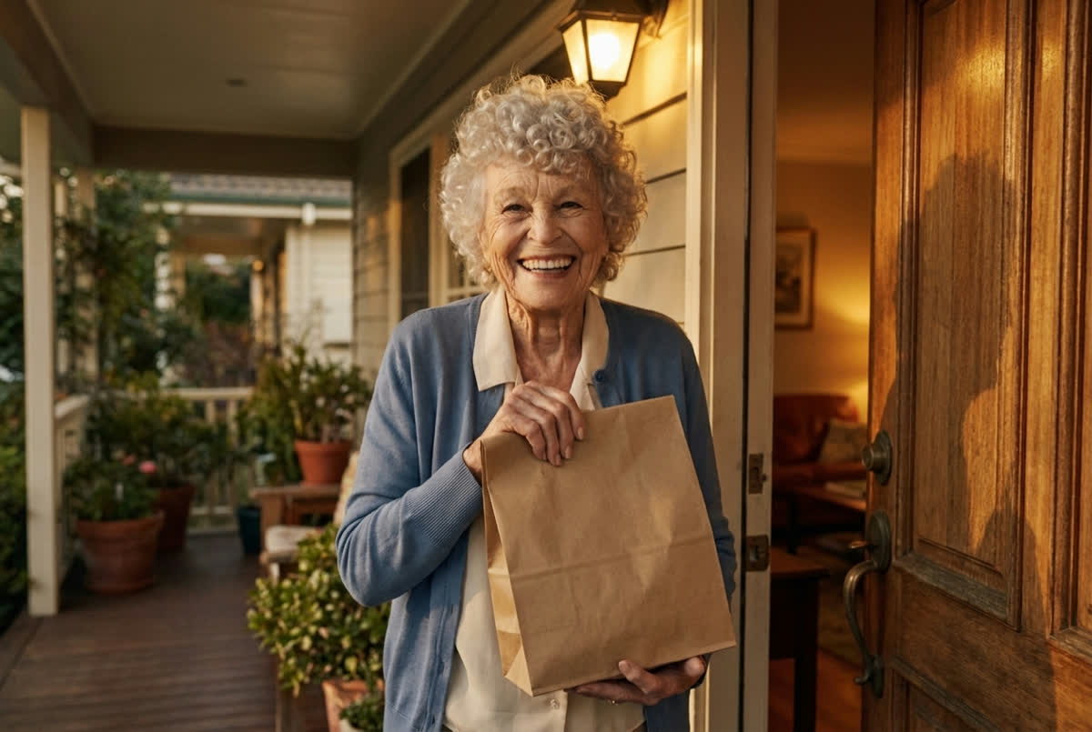 An older woman stands at her open front door in warm evening light, smiling and holding a plain takeout bag