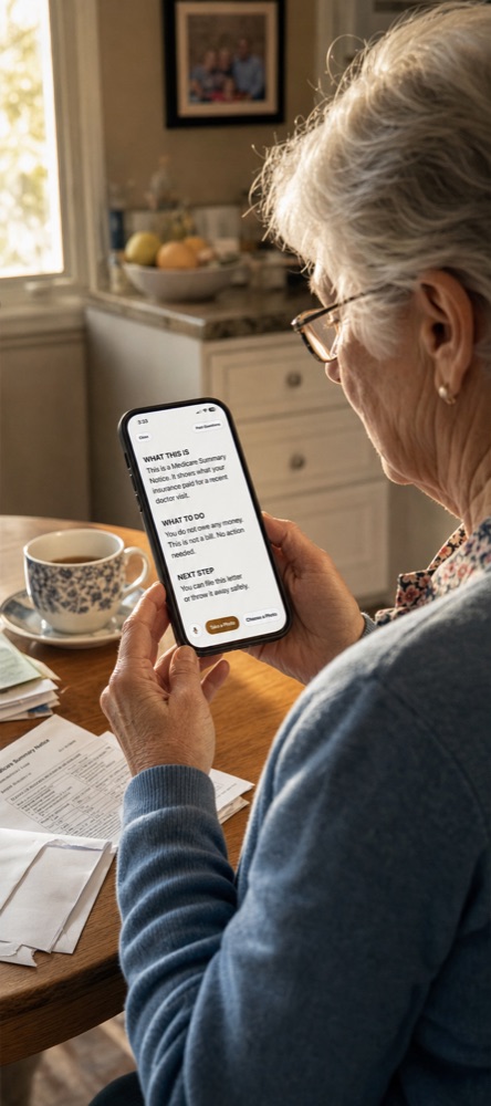 Elderly woman reading a clear answer from UrMorning while her confusing mail sits on the table