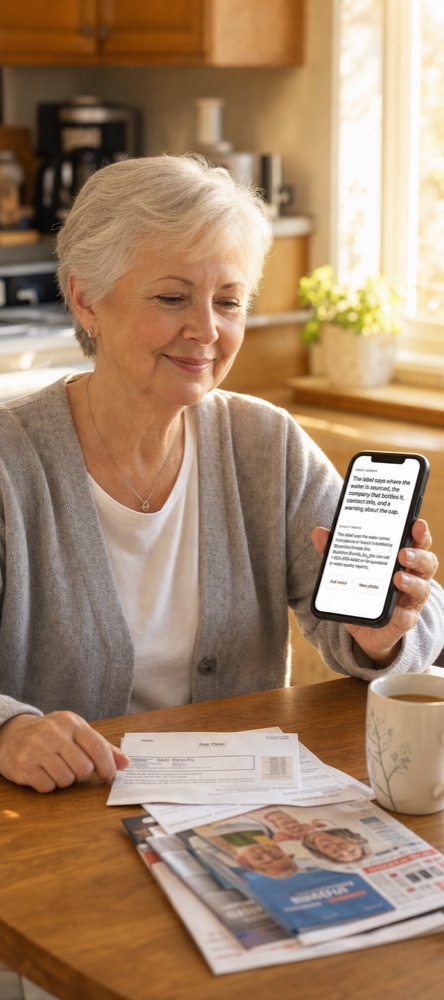 Elderly woman smiling with quiet relief while reading her phone