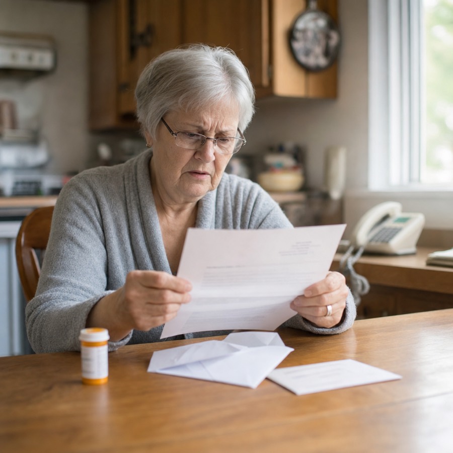 An older woman staring at her phone screen, uncertain and still